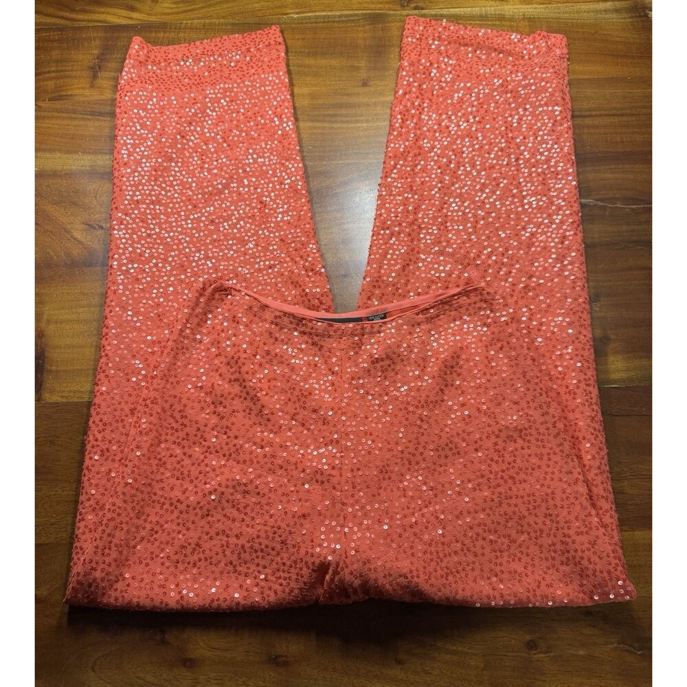Dana Buchman Vintage Silk Sequin Wide Leg Pants Coral Red Evening Cocktail Sz 10